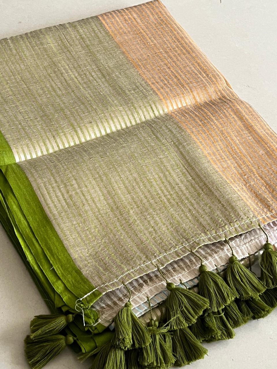 Soft and comfortable Pure Mul Mul Sarees with Zari Stripes - Beige with Green