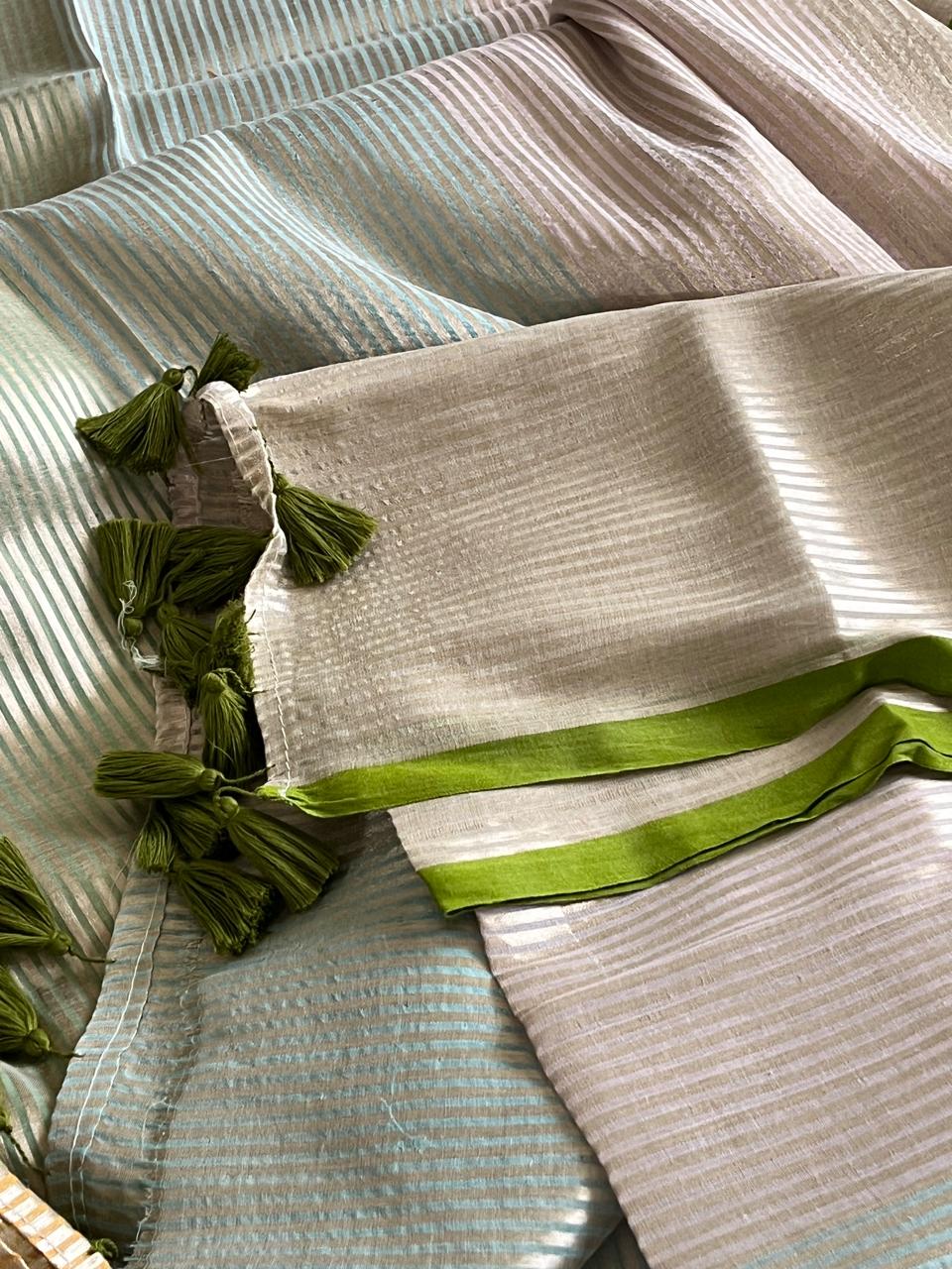 Soft and comfortable Pure Mul Mul Sarees with Zari Stripes - Beige with Green