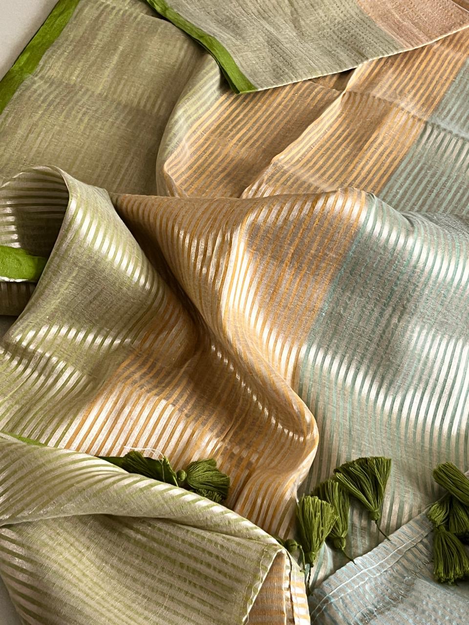 Soft and comfortable Pure Mul Mul Sarees with Zari Stripes - Beige with Green