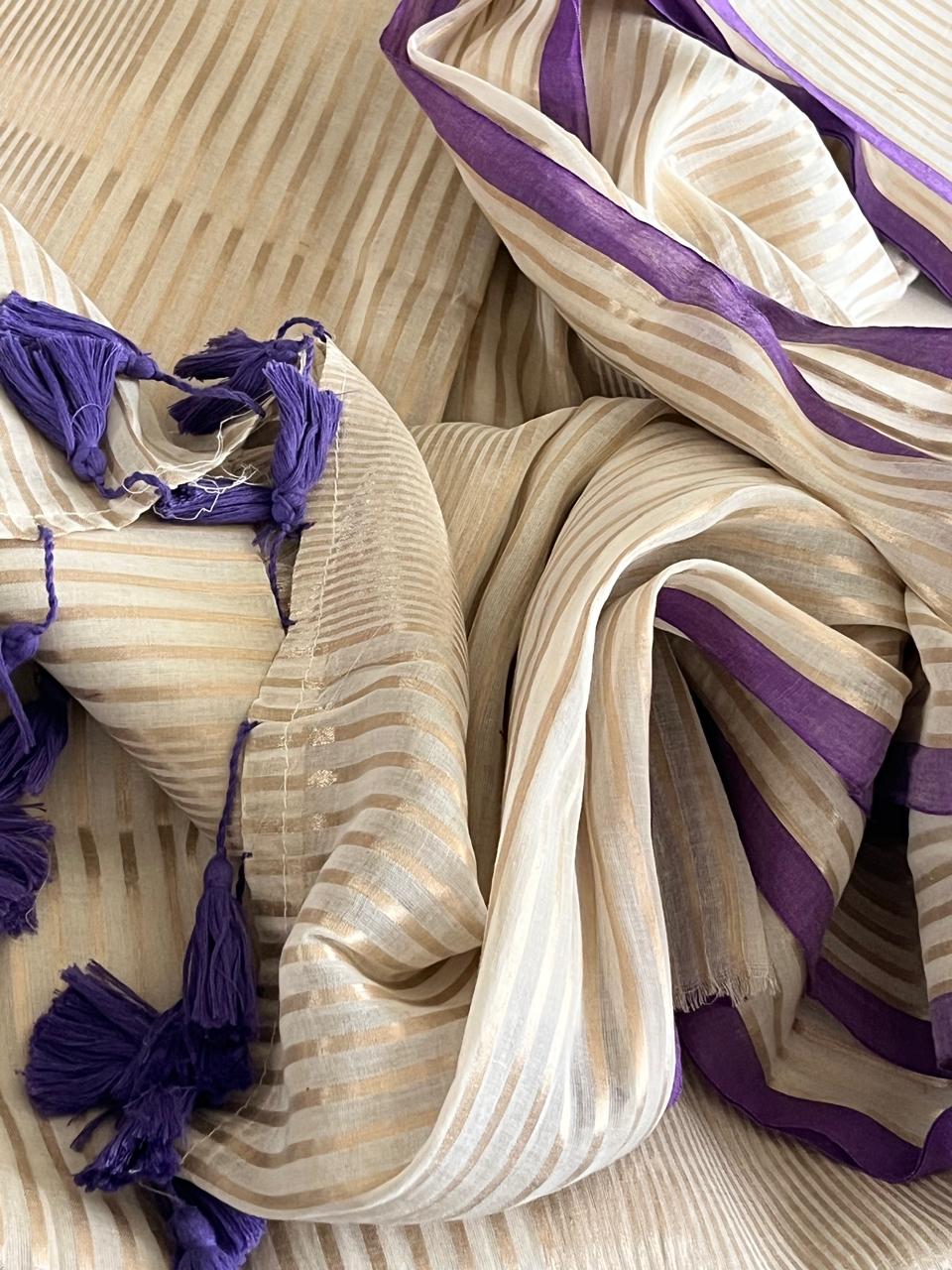 Soft and comfortable Pure Mul Mul Sarees with Zari Stripes - Beige with Purple