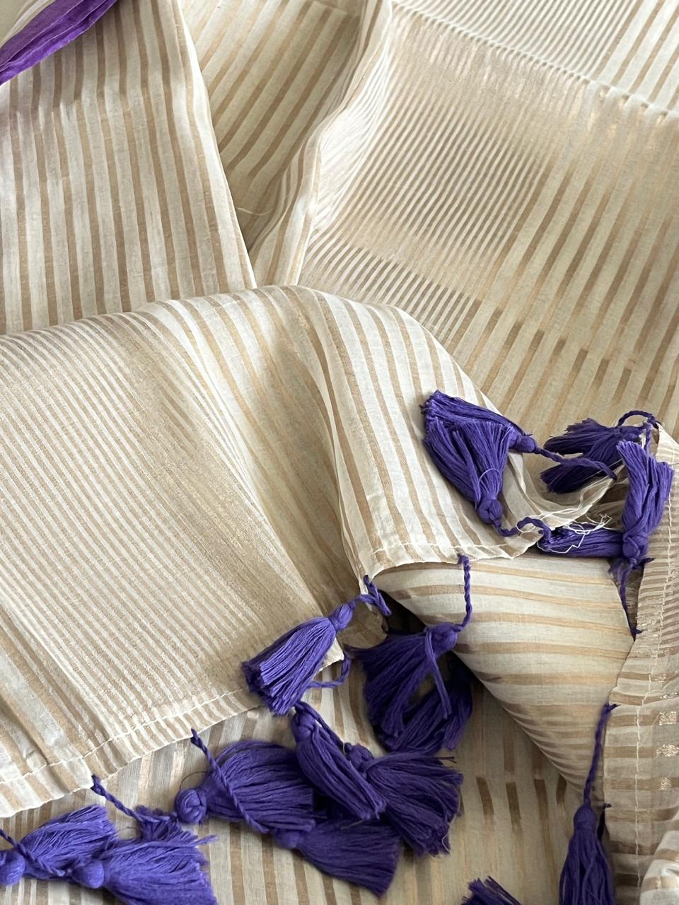 Soft and comfortable Pure Mul Mul Sarees with Zari Stripes - Beige with Purple