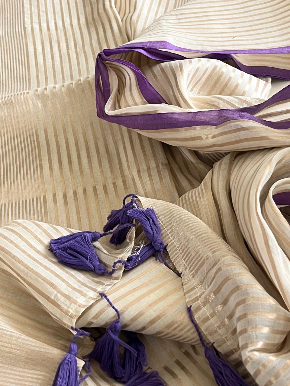 Soft and comfortable Pure Mul Mul Sarees with Zari Stripes - Beige with Purple