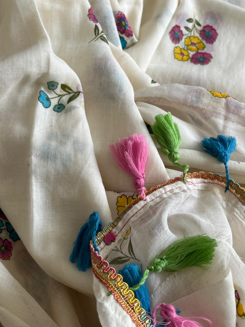 Mul Mul Printed Saree with Lace and Tassels - White