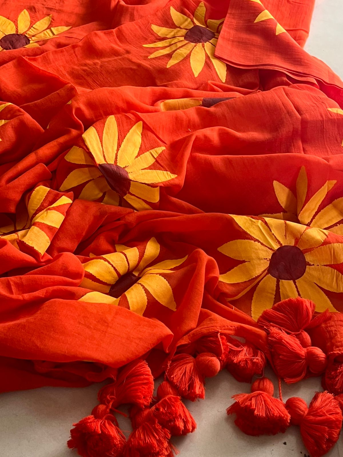 Mul Mul Supersoft Saree With Handpainting - Orange