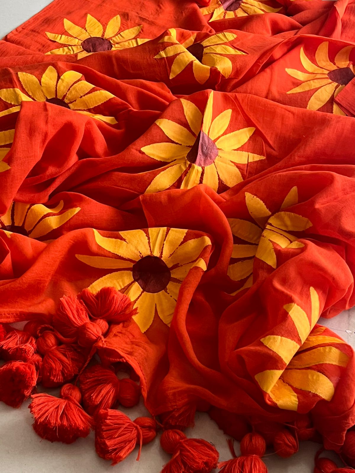 Mul Mul Supersoft Saree With Handpainting - Orange