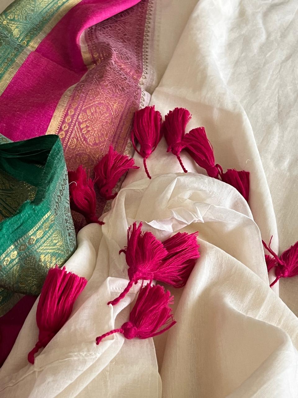 Soft and comfortable Pure Mul Mul Sarees with Resham Border - White