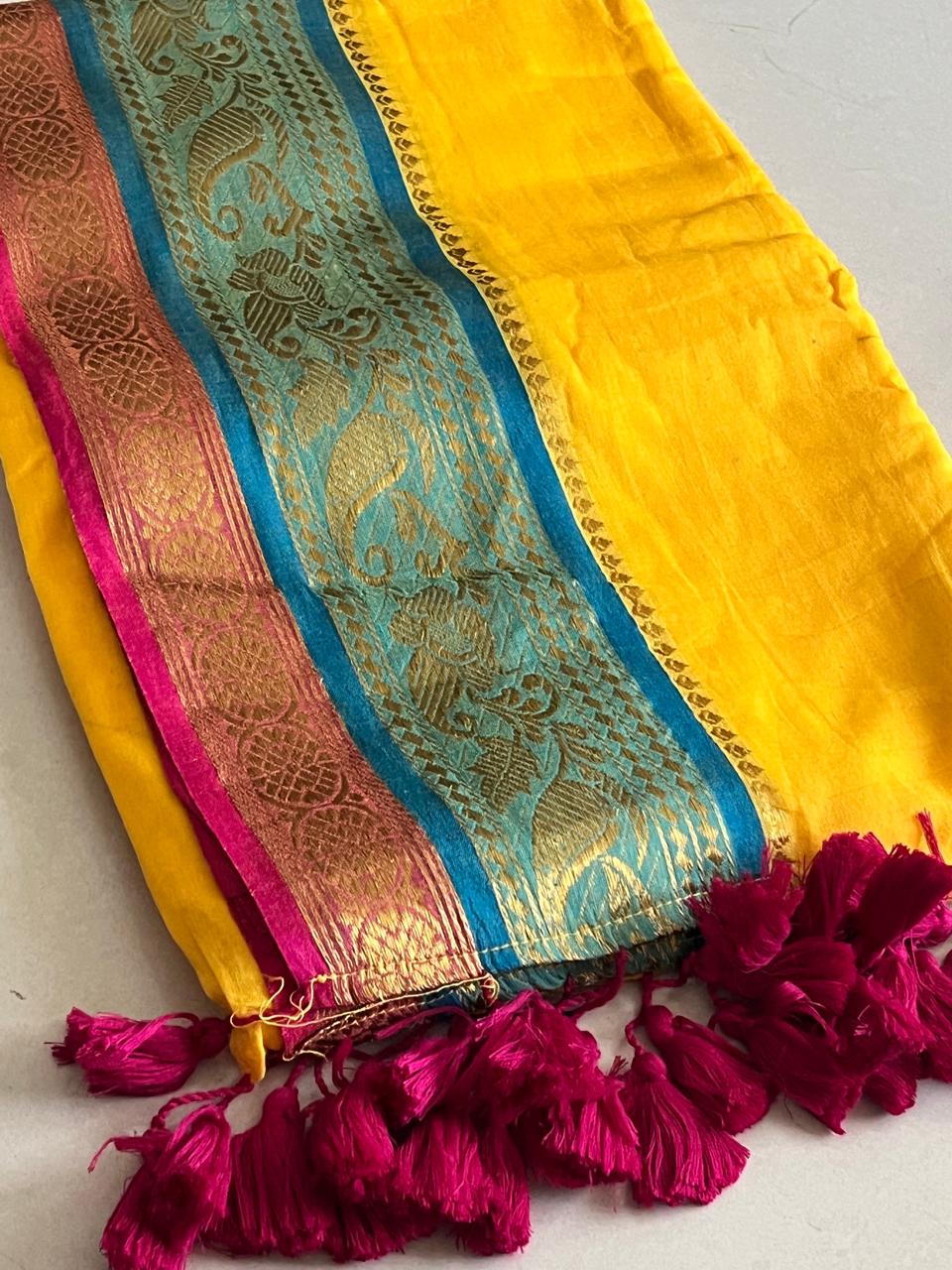 Soft and comfortable Pure Mul Mul Sarees with Resham Border - Yellow