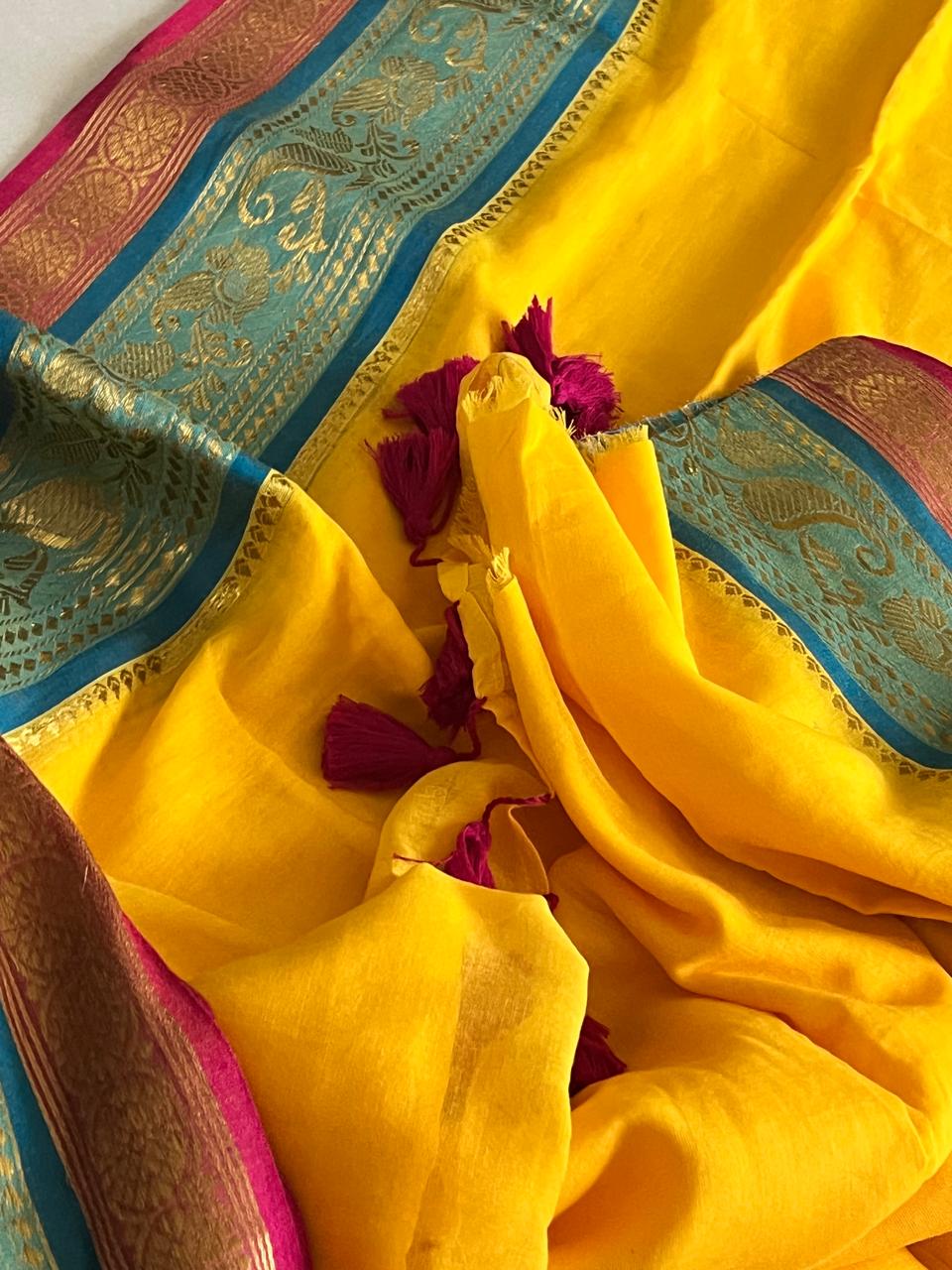 Soft and comfortable Pure Mul Mul Sarees with Resham Border - Yellow