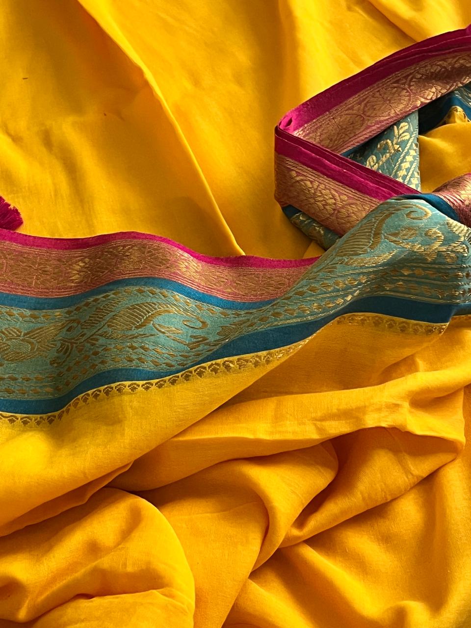 Soft and comfortable Pure Mul Mul Sarees with Resham Border - Yellow