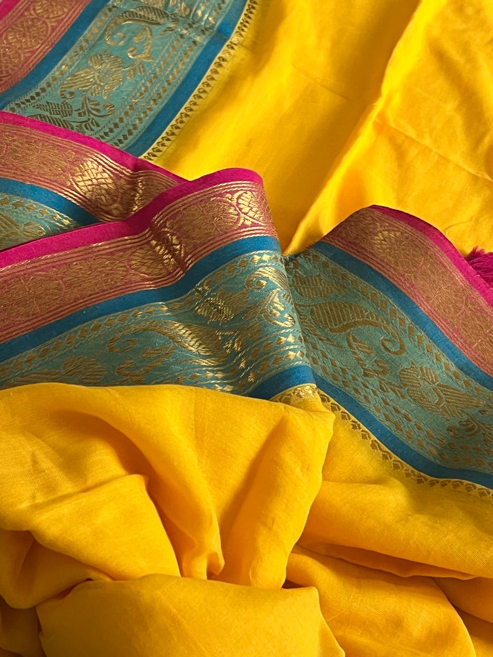 Soft and comfortable Pure Mul Mul Sarees with Resham Border - Yellow