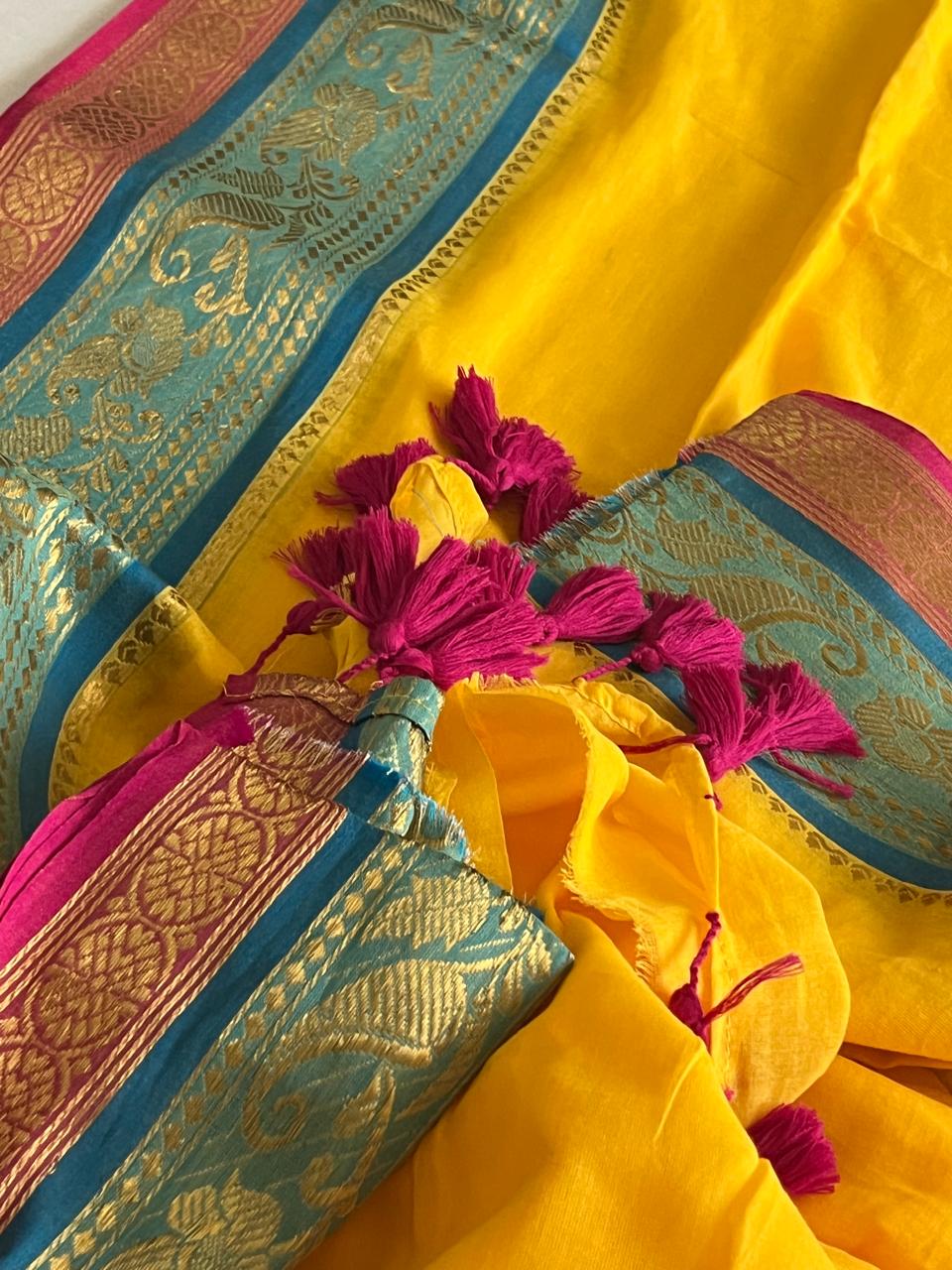 Soft and comfortable Pure Mul Mul Sarees with Resham Border - Yellow