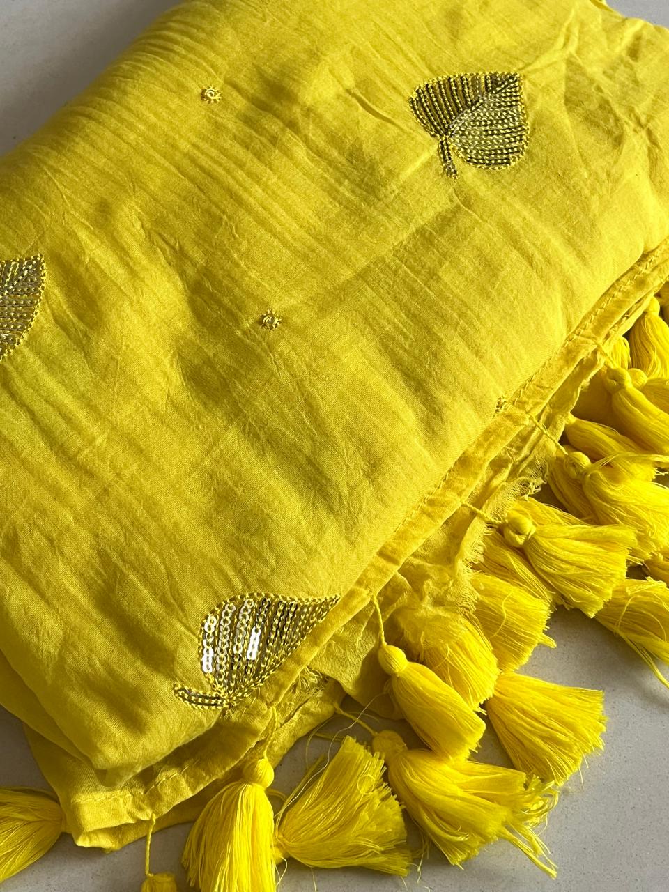 Soft and comfortable Pure Mul Mul Sarees with Sequin Work - Canary Yellow
