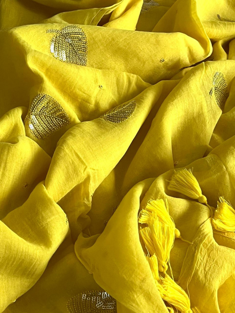 Image of Soft and comfortable Pure Mul Mul Sarees with Sequin Work - Canary Yellow