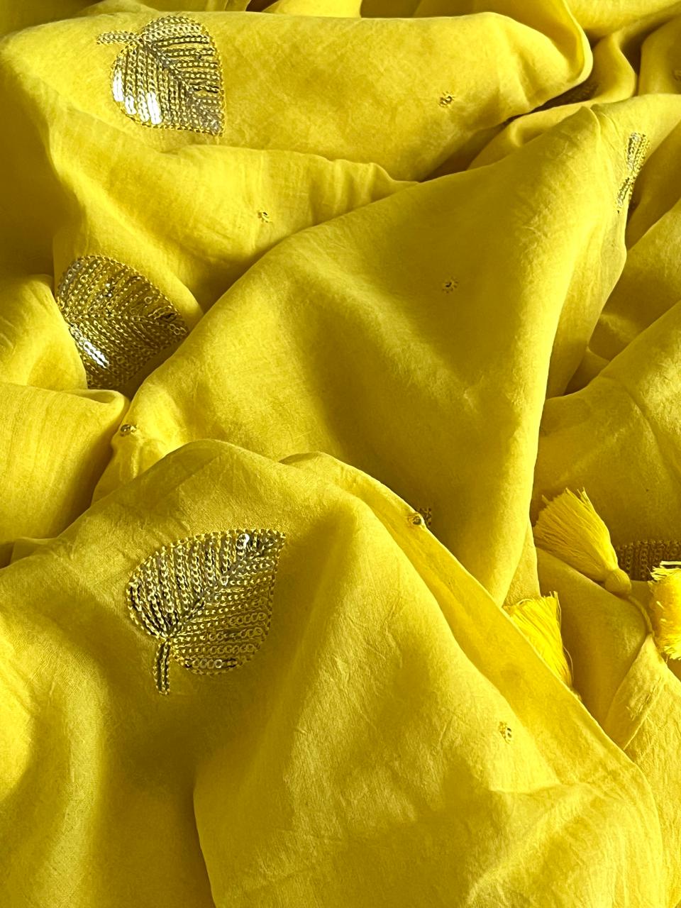 Soft and comfortable Pure Mul Mul Sarees with Sequin Work - Canary Yellow