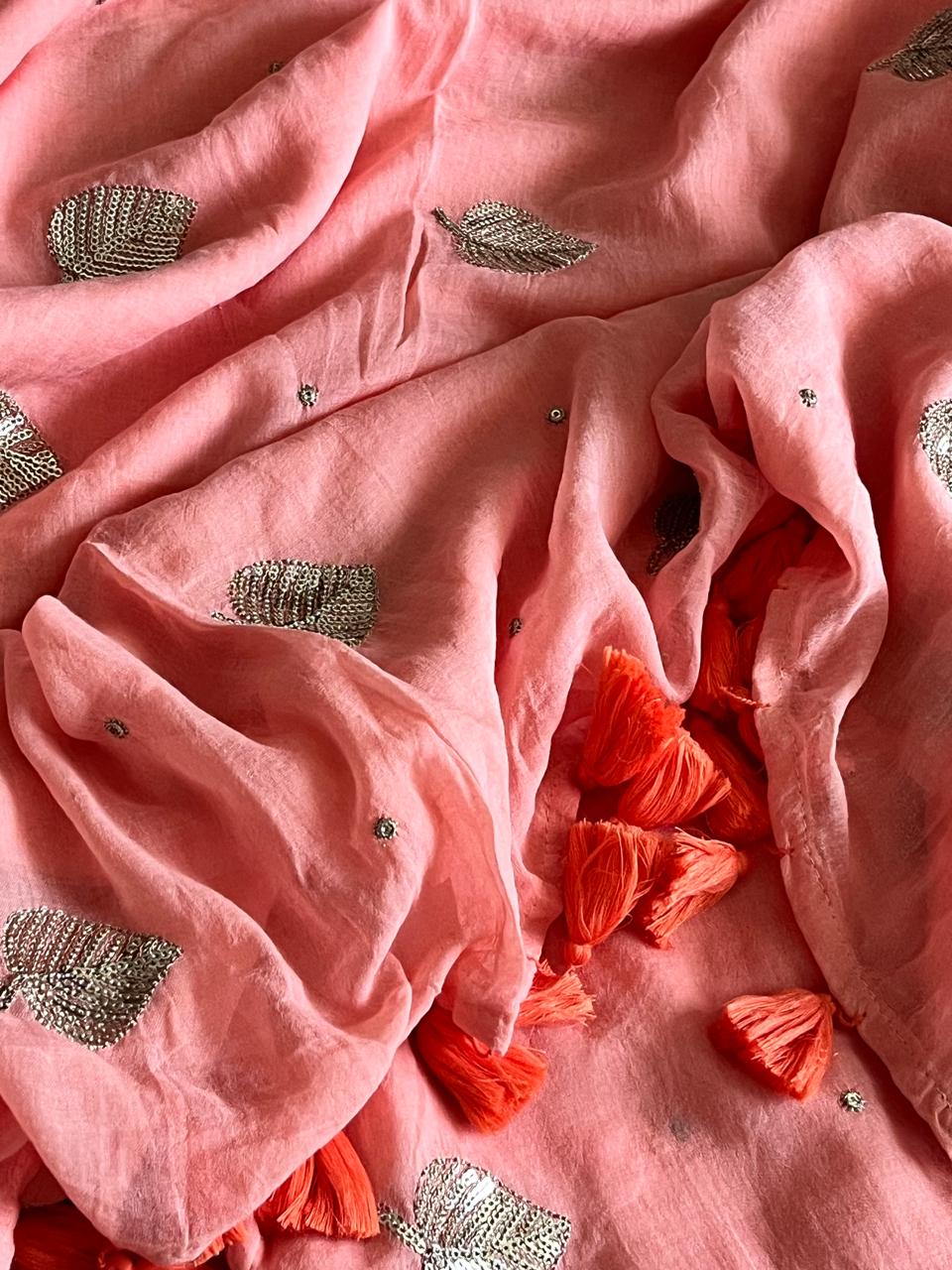 Soft and comfortable Pure Mul Mul Sarees with Sequin Work - Peach Cream