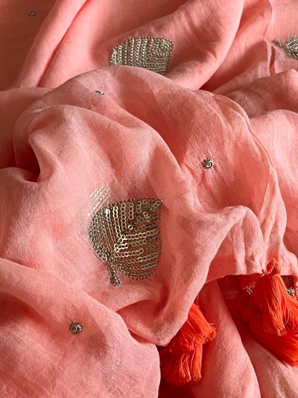 Soft and comfortable Pure Mul Mul Sarees with Sequin Work - Peach Cream