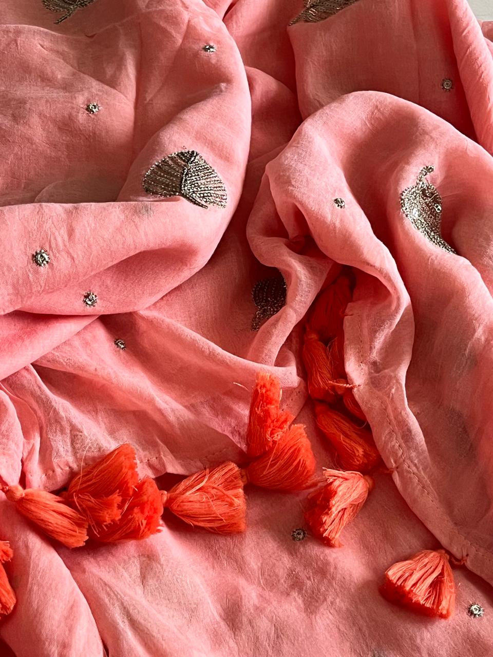 Soft and comfortable Pure Mul Mul Sarees with Sequin Work - Peach Cream