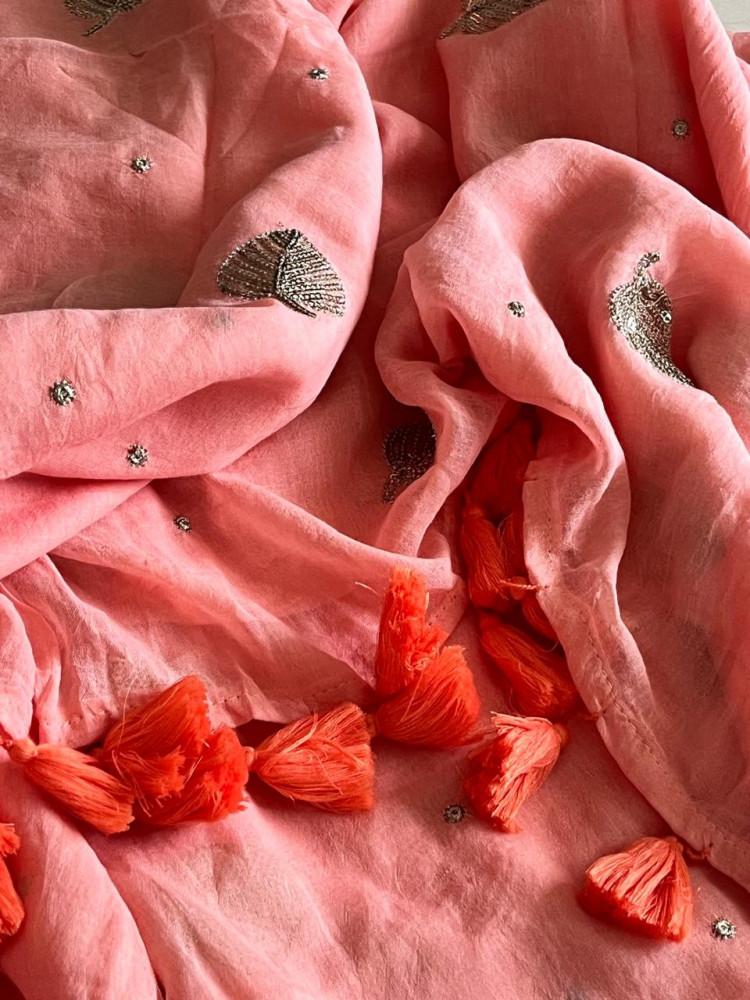 Image of Soft and comfortable Pure Mul Mul Sarees with Sequin Work - Peach Cream