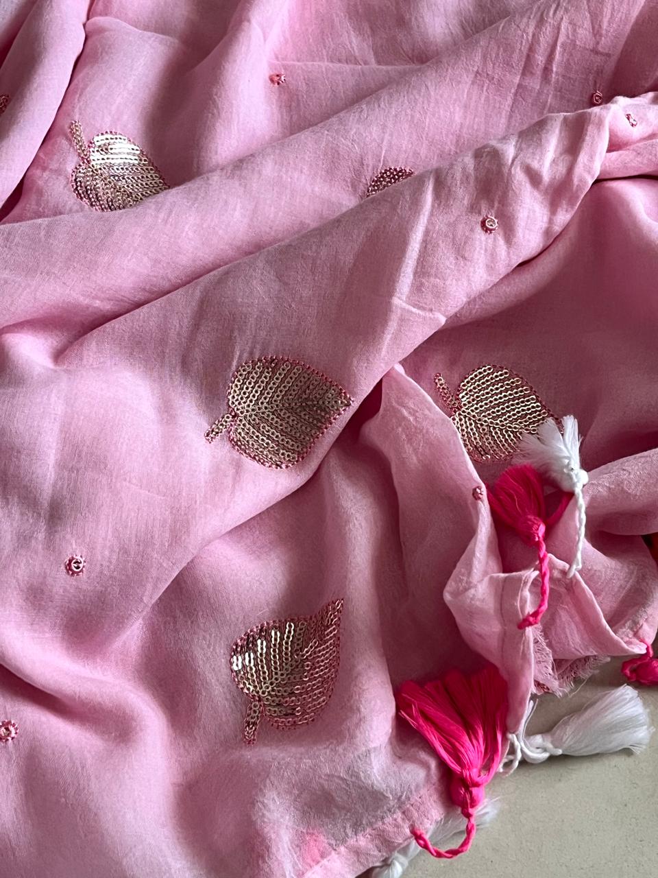 Soft and comfortable Pure Mul Mul Sarees with Sequin Work - Blossom Pink