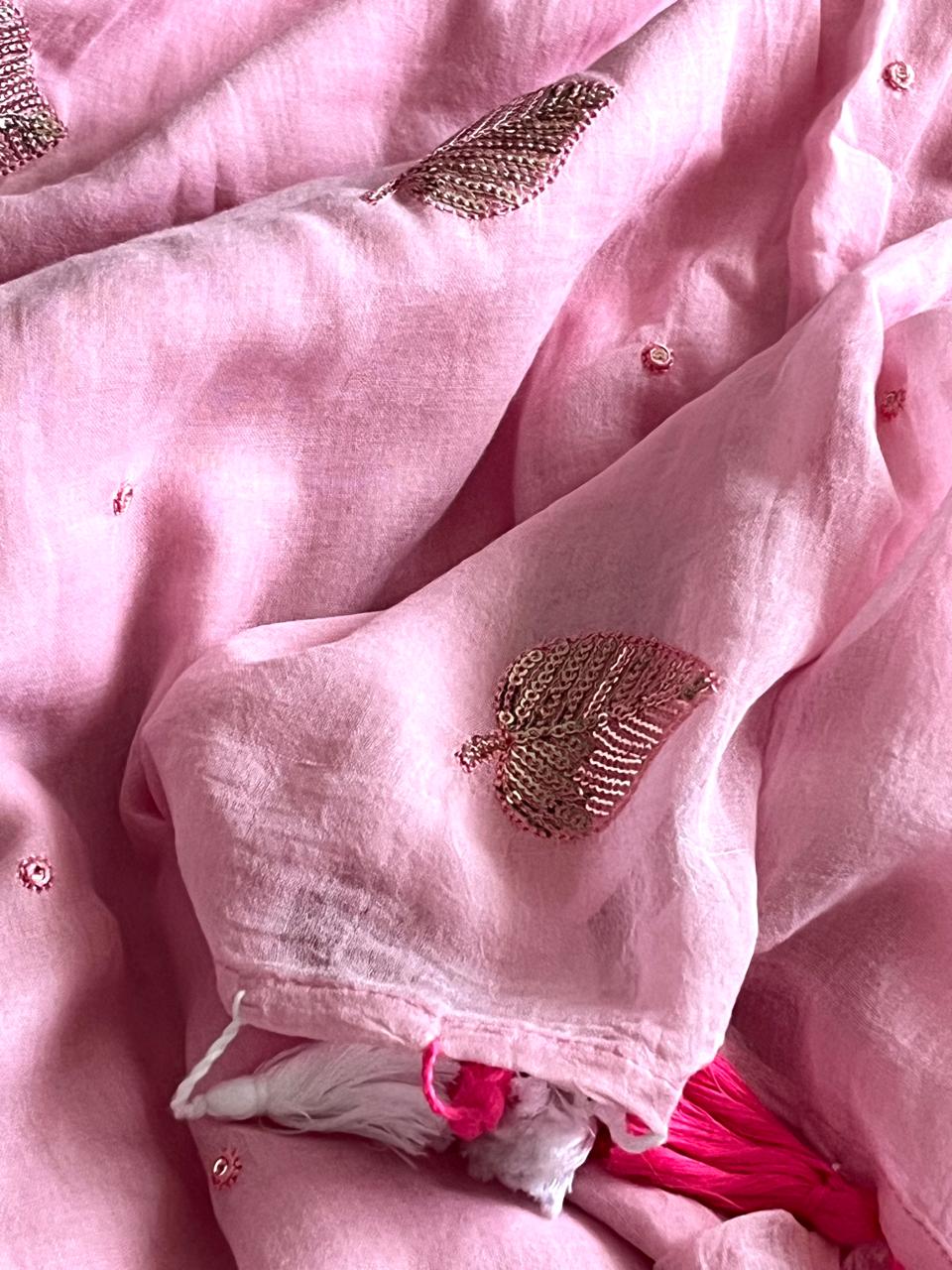 Soft and comfortable Pure Mul Mul Sarees with Sequin Work - Blossom Pink