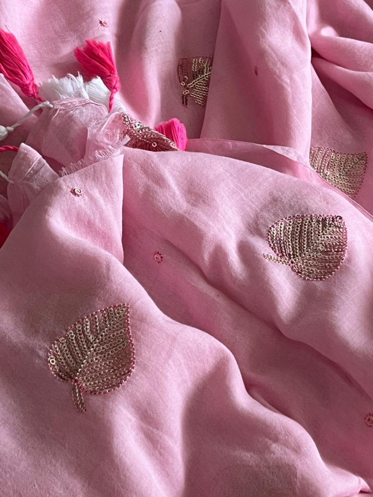Image of Soft and comfortable Pure Mul Mul Sarees with Sequin Work - Blossom Pink