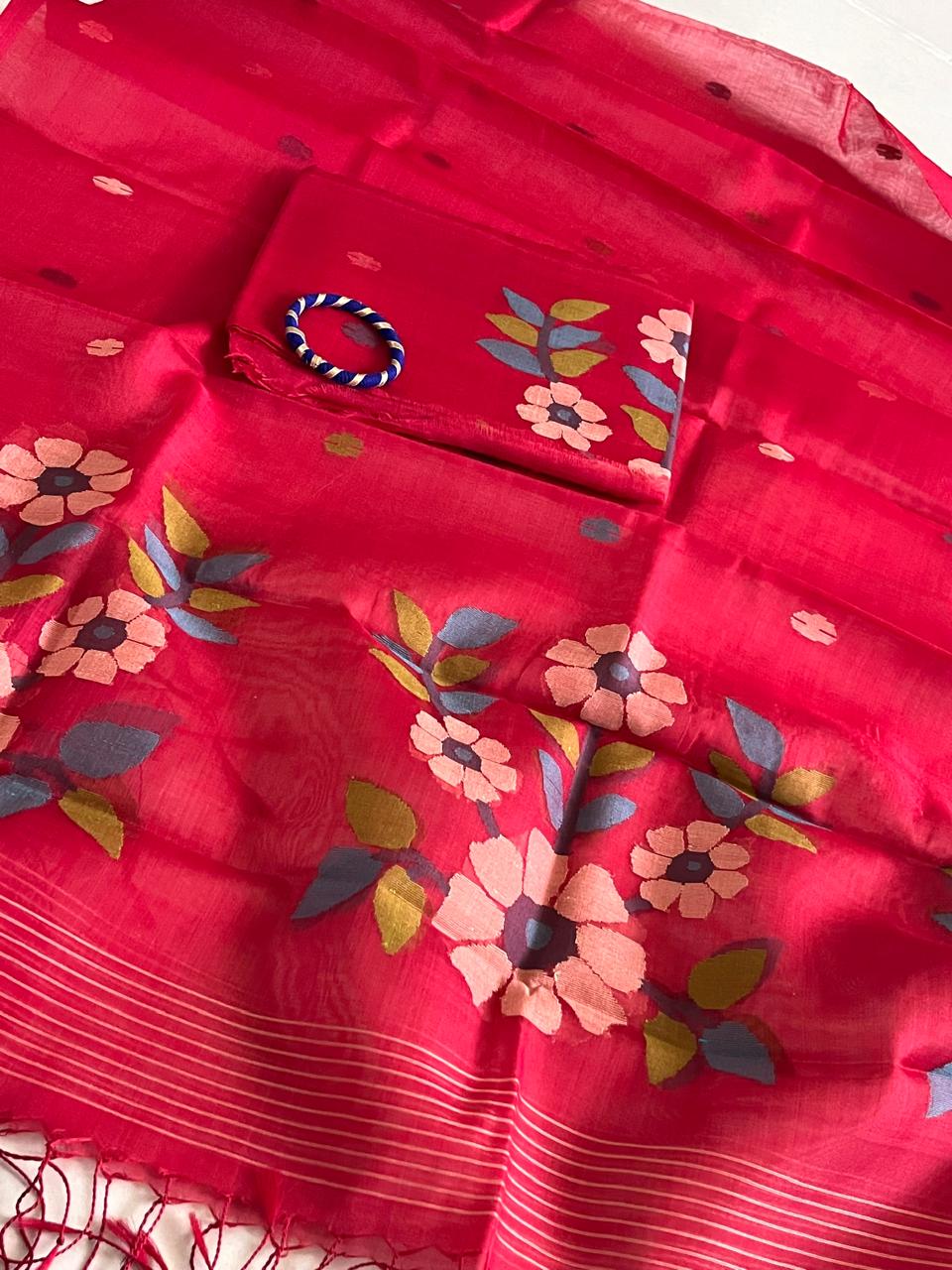 Handwoven Pure Silk Jamdani Kurta Dupatta Sets- Red