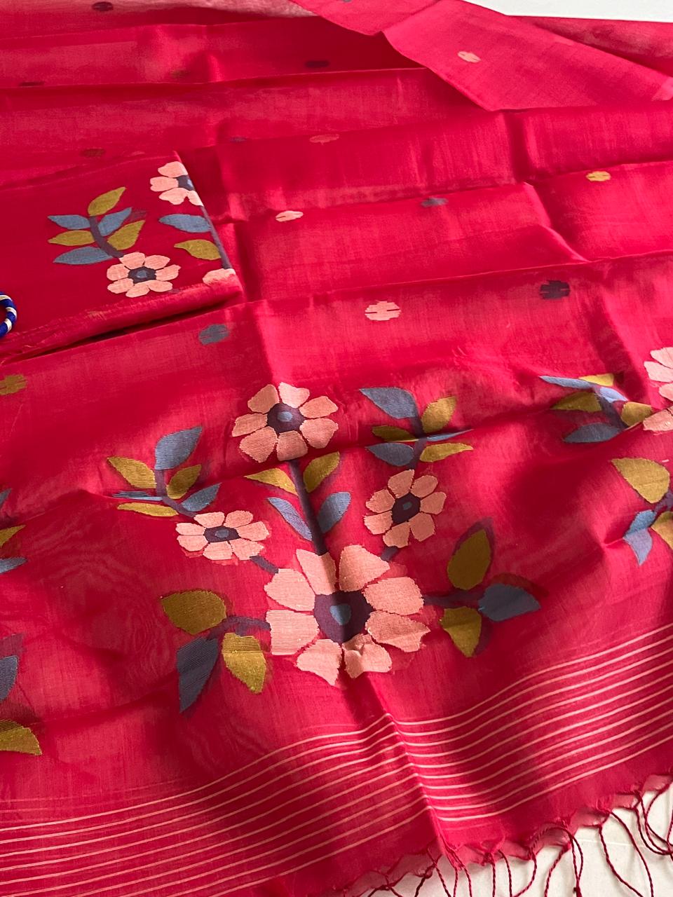 Handwoven Pure Silk Jamdani Kurta Dupatta Sets- Red