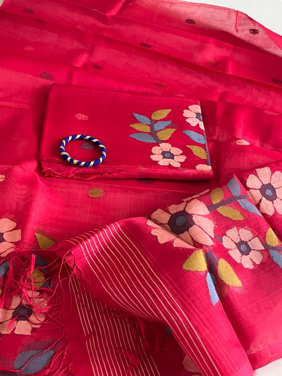 Handwoven Pure Silk Jamdani Kurta Dupatta Sets- Red
