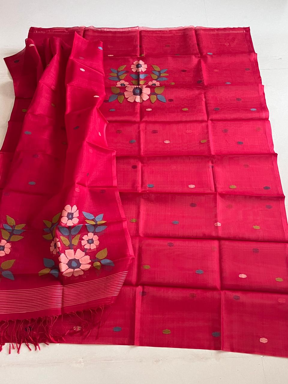 Handwoven Pure Silk Jamdani Kurta Dupatta Sets- Red