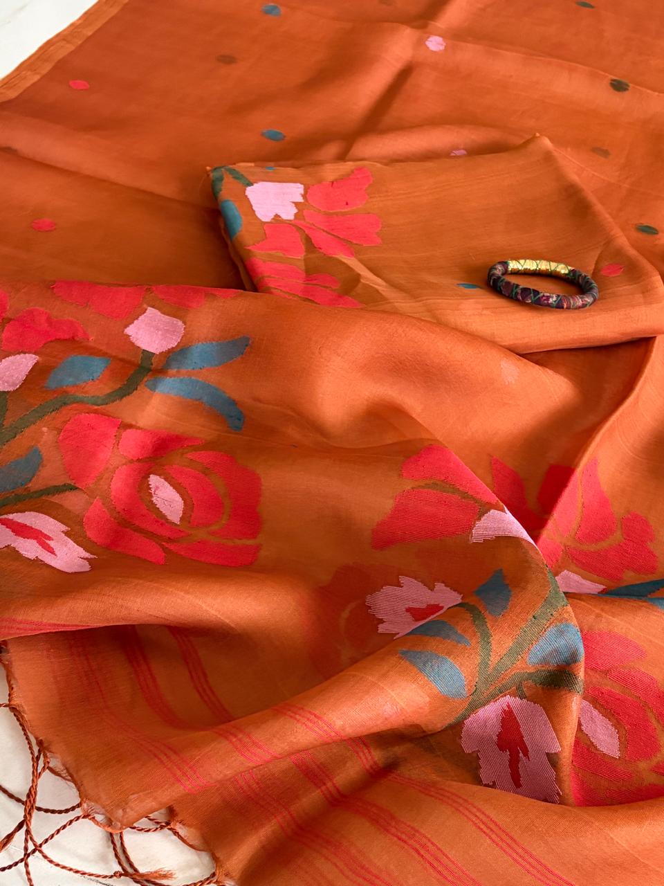 Handwoven Pure Muslin Silk Jamdani Kurta Dupatta Set Bengal Handloom Silkmark Certified Caramel