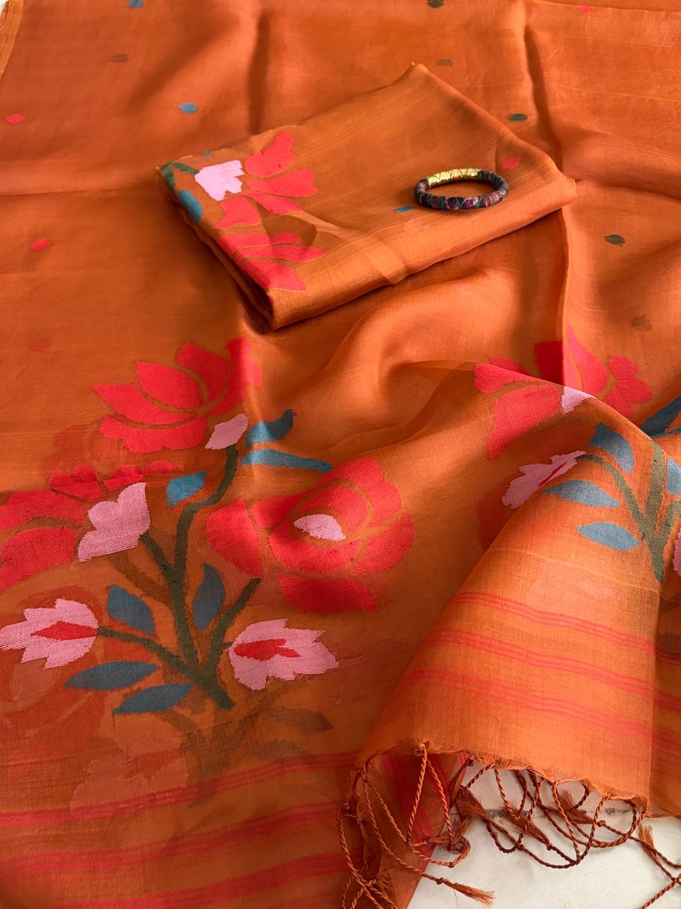Handwoven Pure Muslin Silk Jamdani Kurta Dupatta Set Bengal Handloom Silkmark Certified Caramel