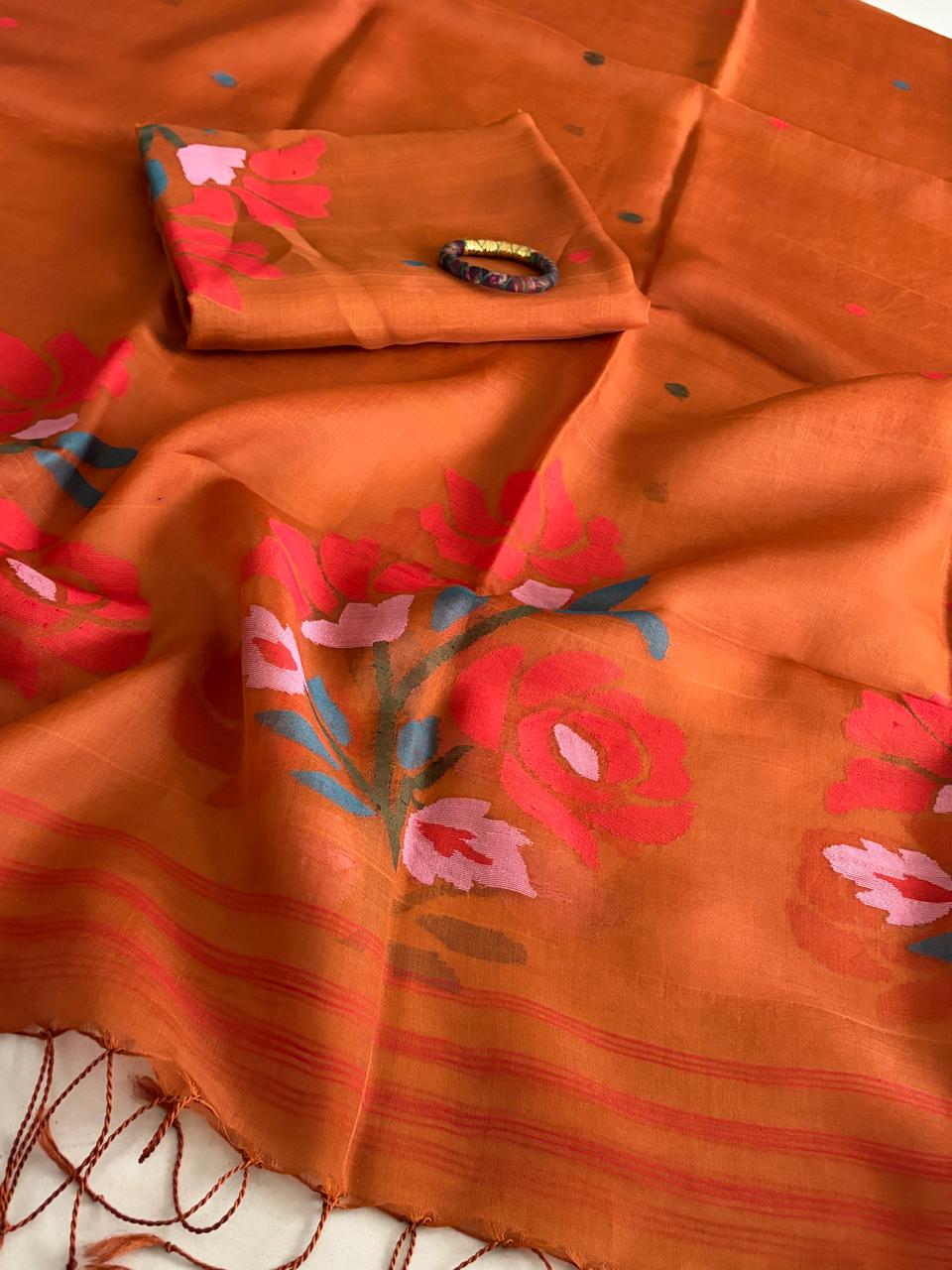 Handwoven Pure Muslin Silk Jamdani Kurta Dupatta Set Bengal Handloom Silkmark Certified Caramel