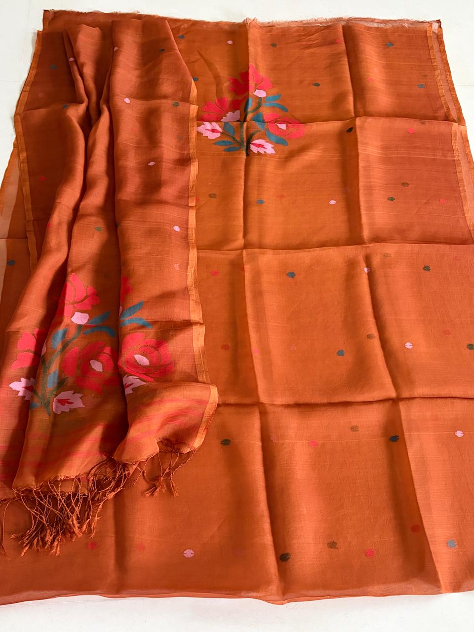 Handwoven Pure Muslin Silk Jamdani Kurta Dupatta Set Bengal Handloom Silkmark Certified Caramel