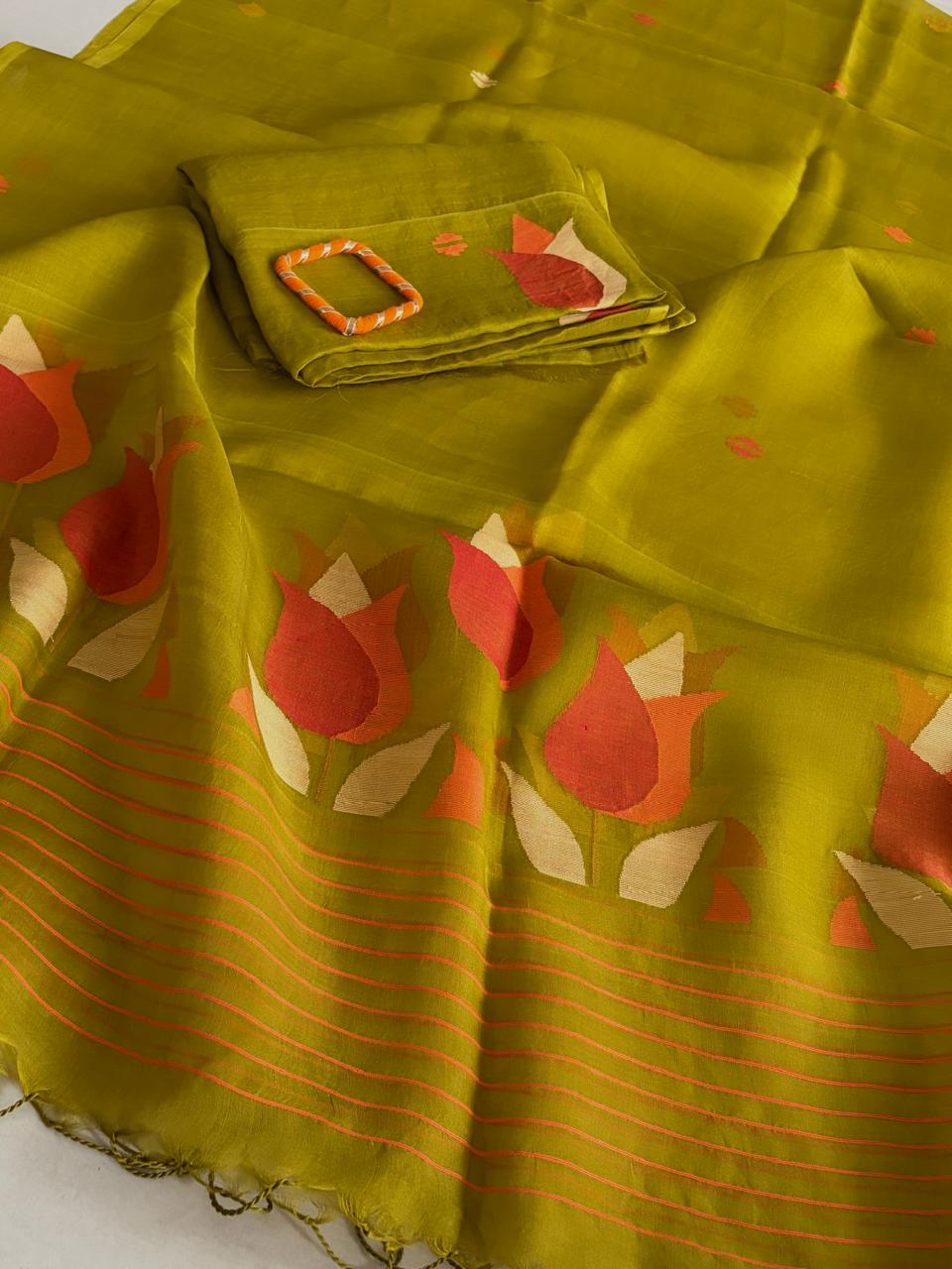 Handwoven Pure Muslin Silk Jamdani Kurta Dupatta Set Bengal Handloom Silkmark Certified Mehendi Green