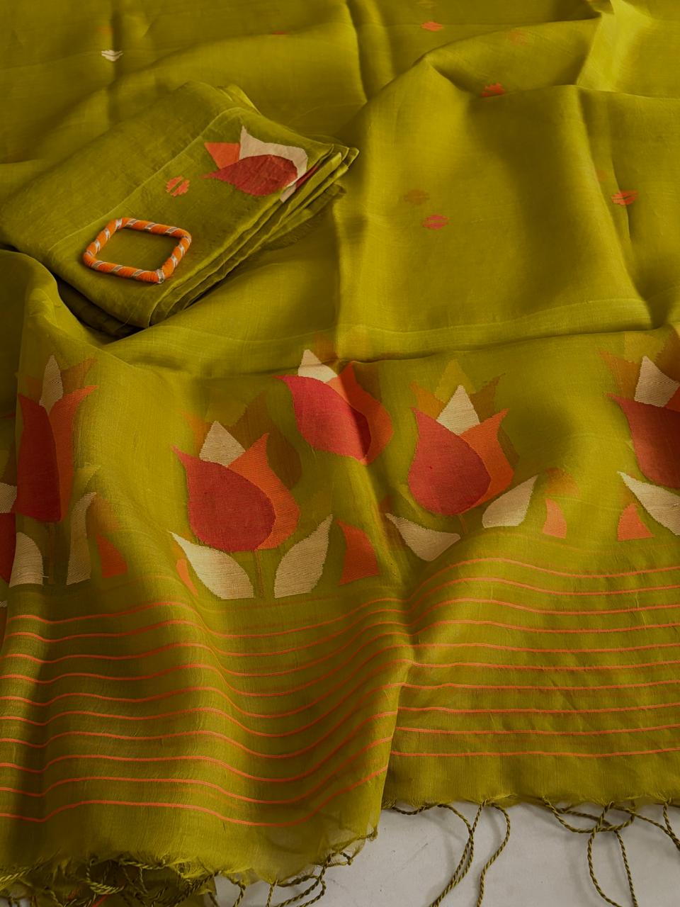 Handwoven Pure Muslin Silk Jamdani Kurta Dupatta Set Bengal Handloom Silkmark Certified Mehendi Green