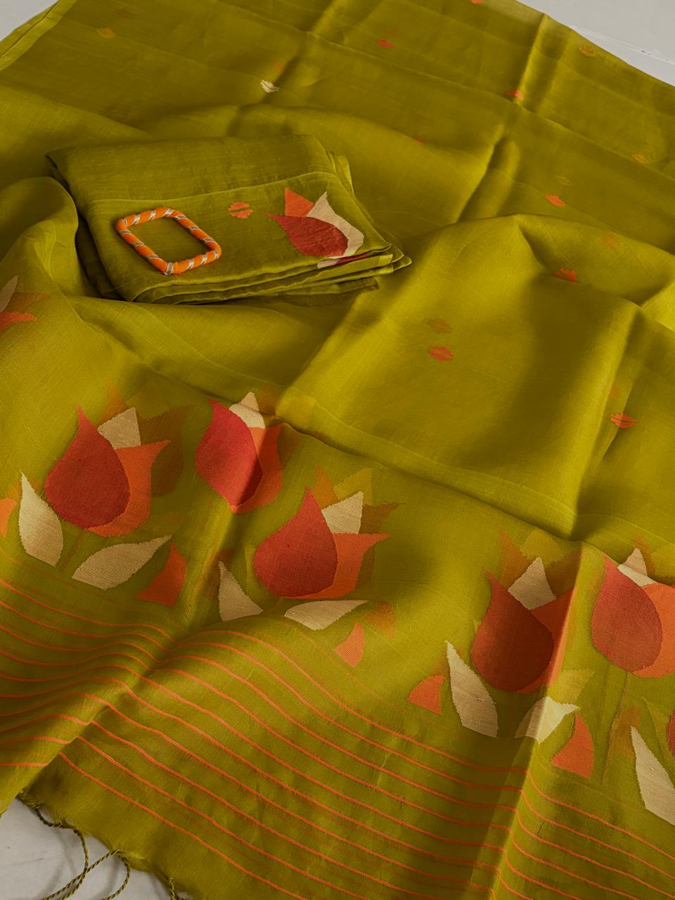 Handwoven Pure Muslin Silk Jamdani Kurta Dupatta Set Bengal Handloom Silkmark Certified Mehendi Green