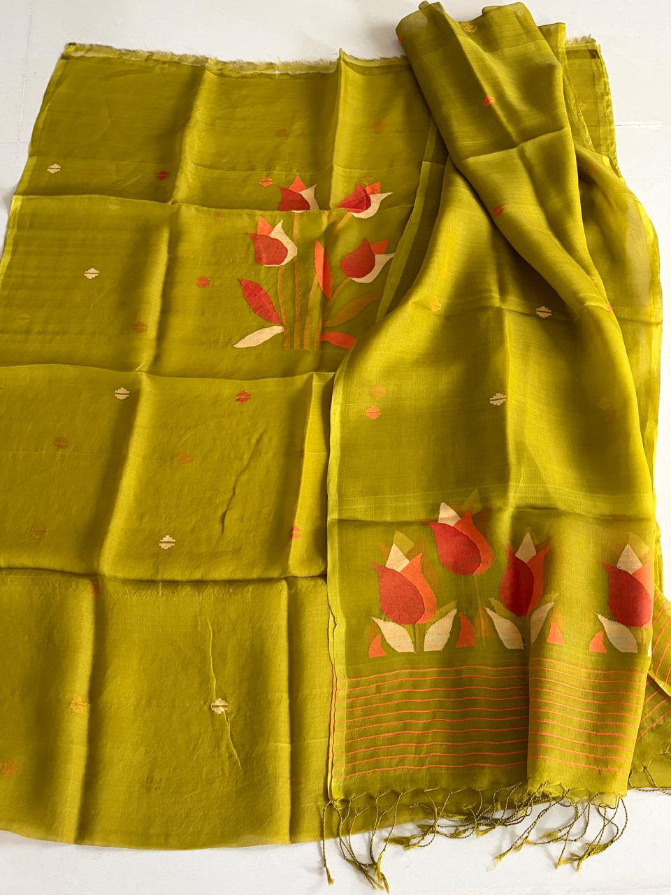 Handwoven Pure Muslin Silk Jamdani Kurta Dupatta Set Bengal Handloom Silkmark Certified Mehendi Green