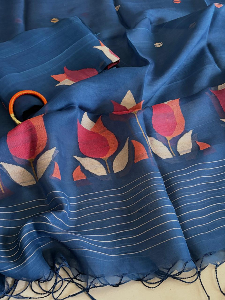 Image of Handwoven Pure Muslin Silk Jamdani Kurta Dupatta Set – Bengal Handloom – Silkmark Certified – Midnight Blue