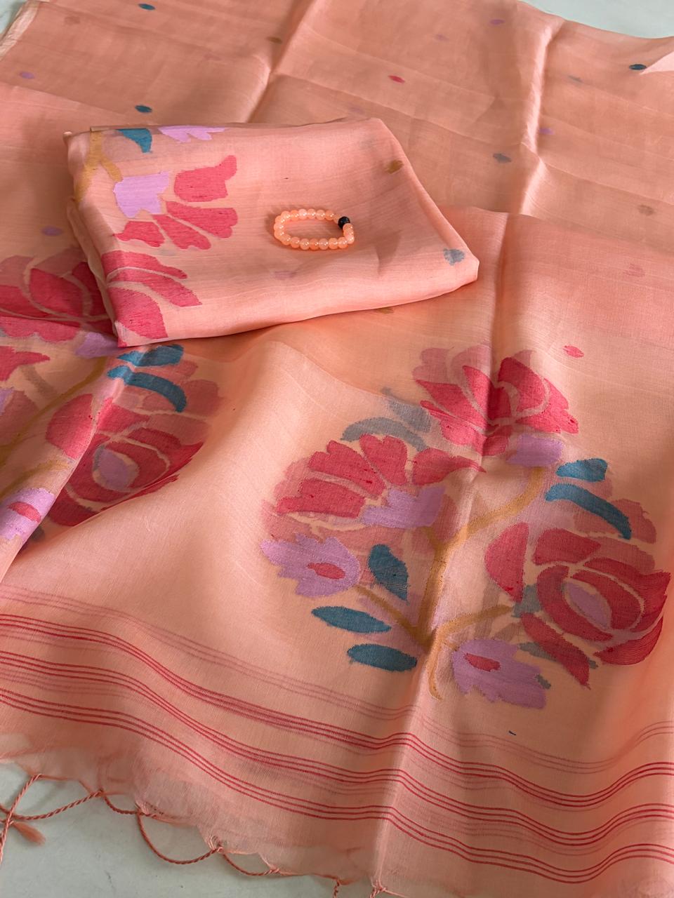 Handwoven Pure Muslin Silk Jamdani Kurta Dupatta Set Bengal Handloom Silkmark Certified Peach