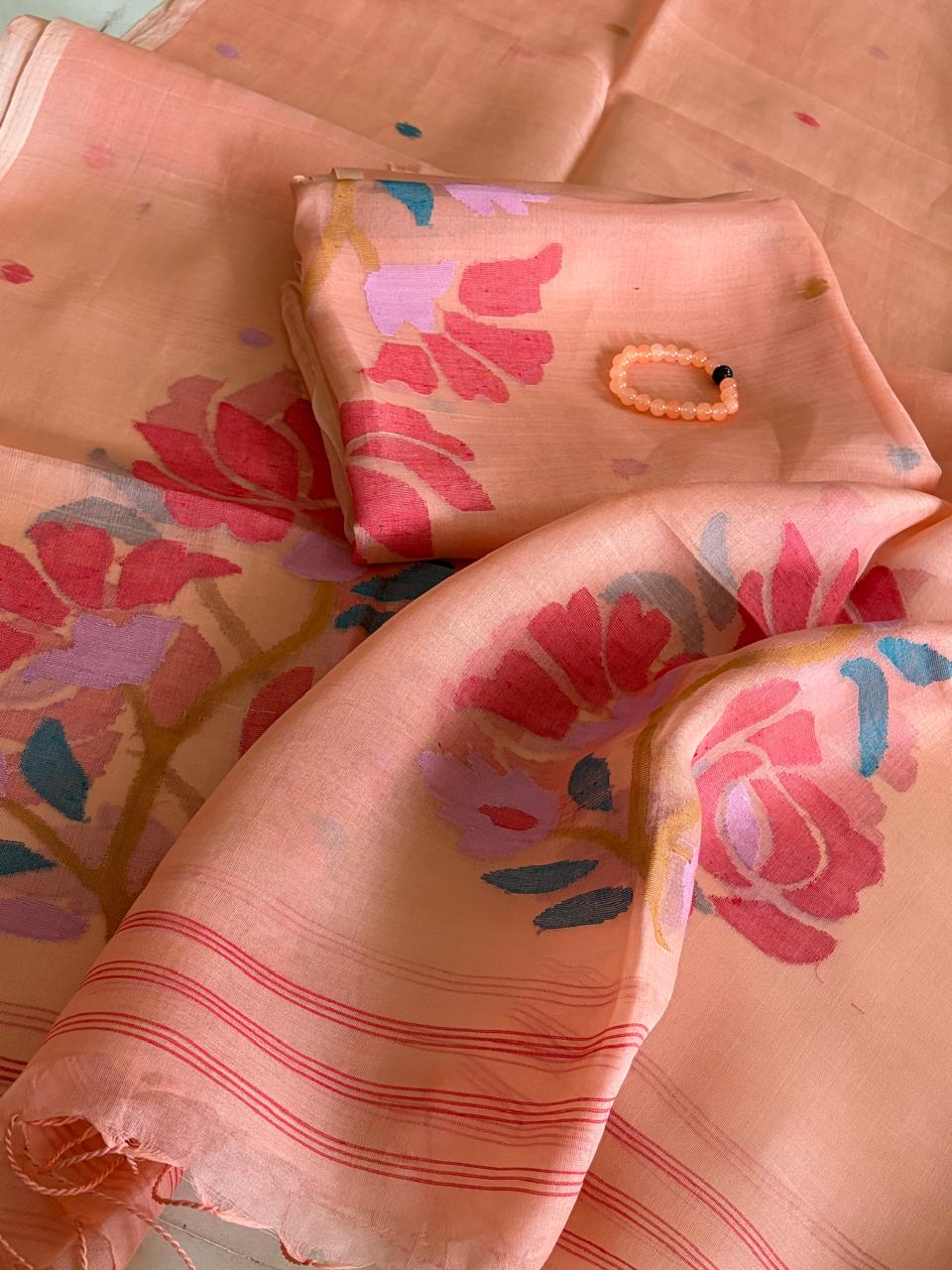 Handwoven Pure Muslin Silk Jamdani Kurta Dupatta Set Bengal Handloom Silkmark Certified Peach