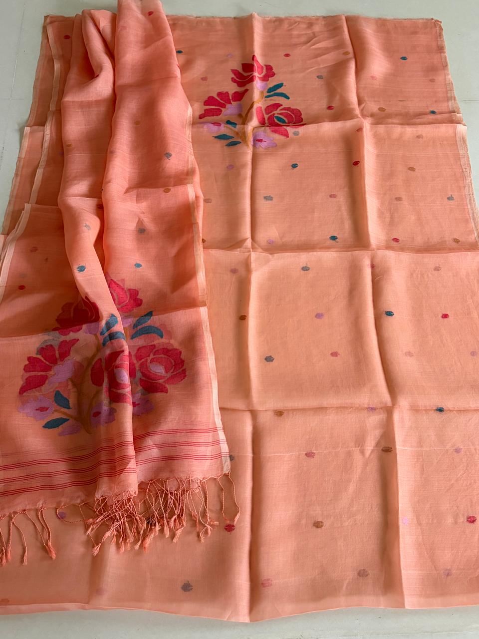 Handwoven Pure Muslin Silk Jamdani Kurta Dupatta Set Bengal Handloom Silkmark Certified Peach