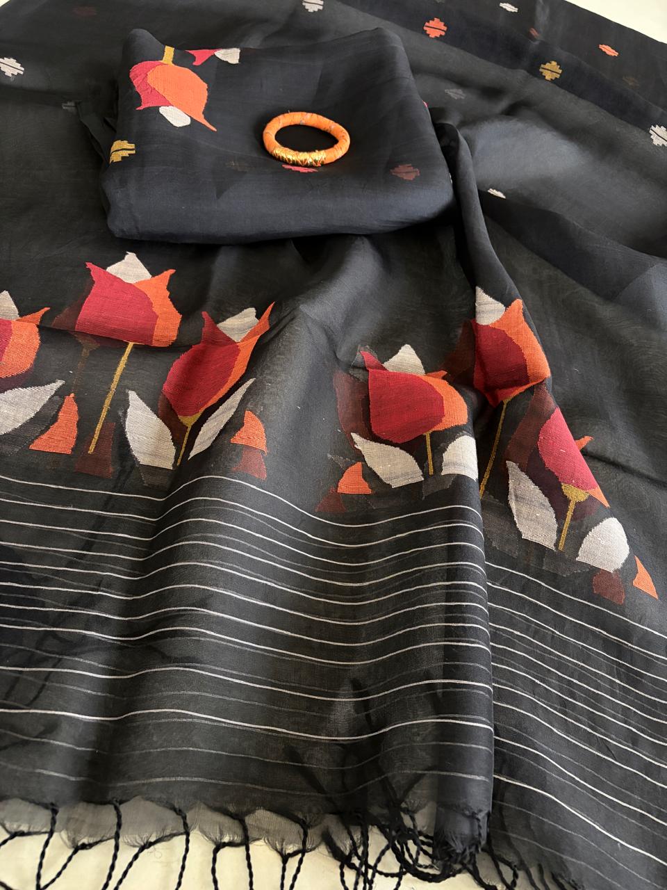 Handwoven Pure Muslin Silk Jamdani Kurta Dupatta Set Bengal Handloom Silkmark Certified Black