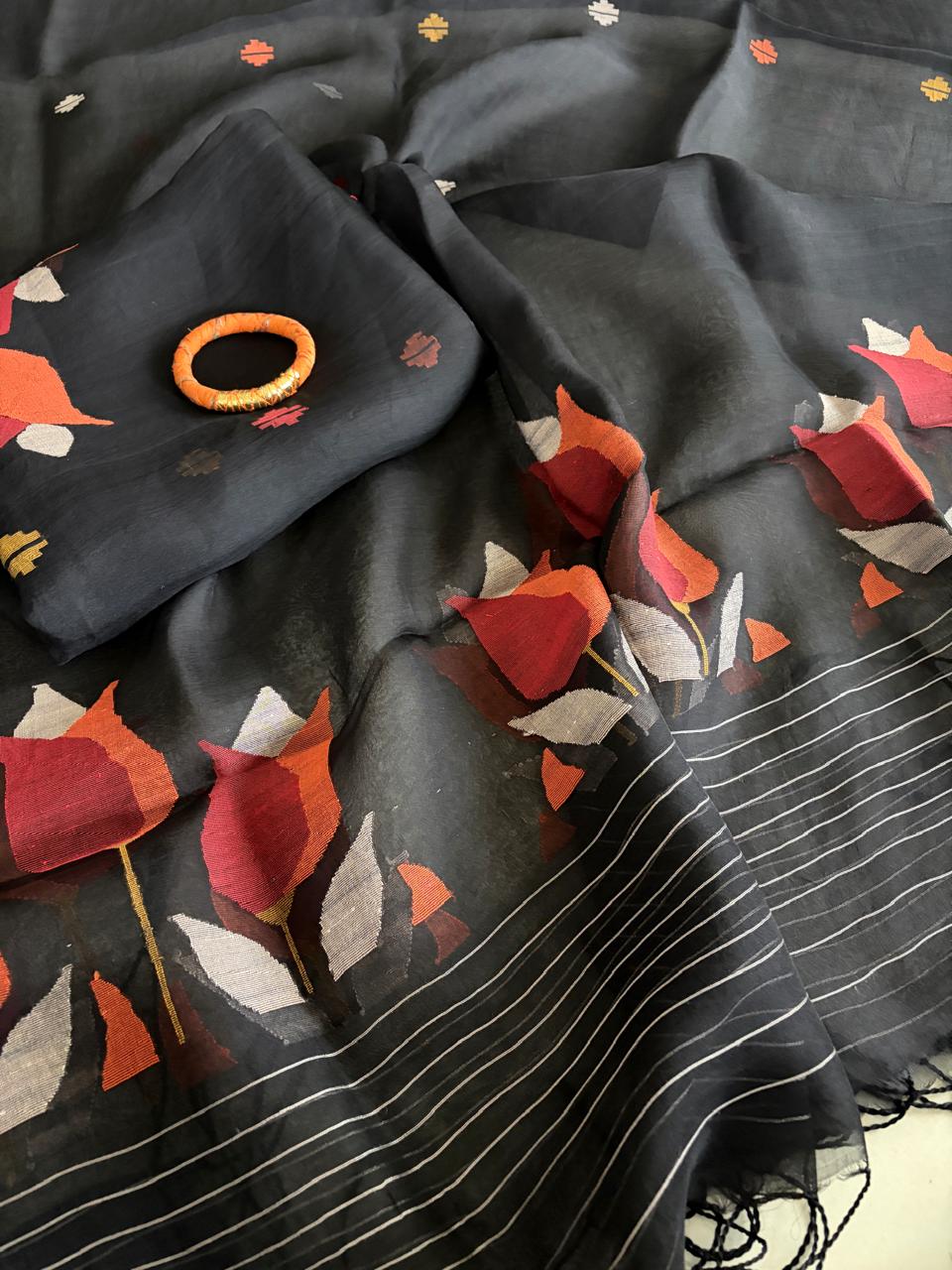 Handwoven Pure Muslin Silk Jamdani Kurta Dupatta Set Bengal Handloom Silkmark Certified Black