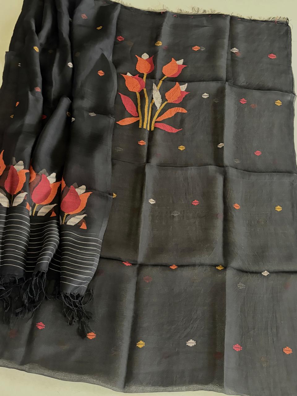 Handwoven Pure Muslin Silk Jamdani Kurta Dupatta Set Bengal Handloom Silkmark Certified Black