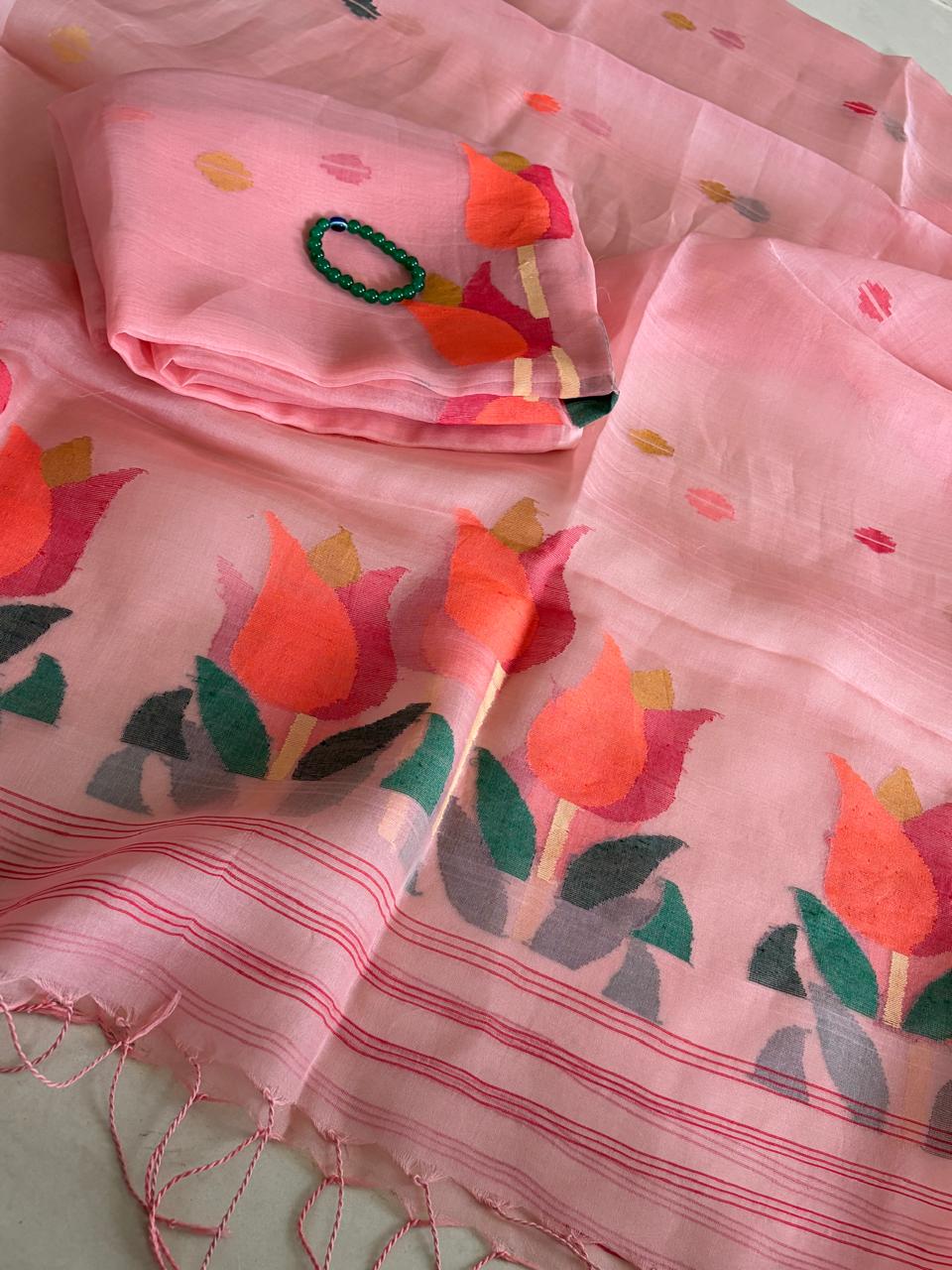 Handwoven Pure Muslin Silk Jamdani Kurta Dupatta Set Bengal Handloom Silkmark Certified Rose Peach