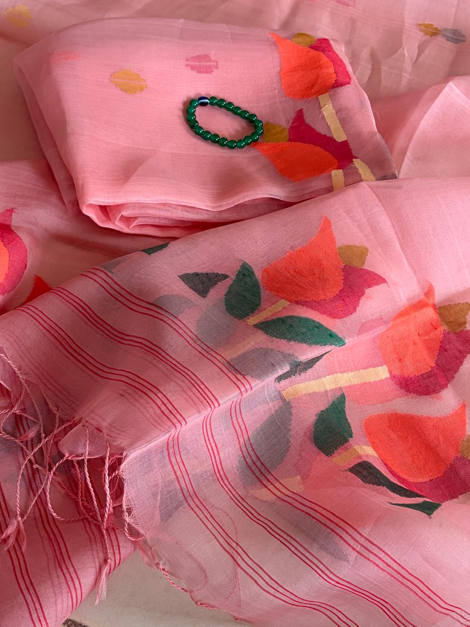Handwoven Pure Muslin Silk Jamdani Kurta Dupatta Set Bengal Handloom Silkmark Certified Rose Peach