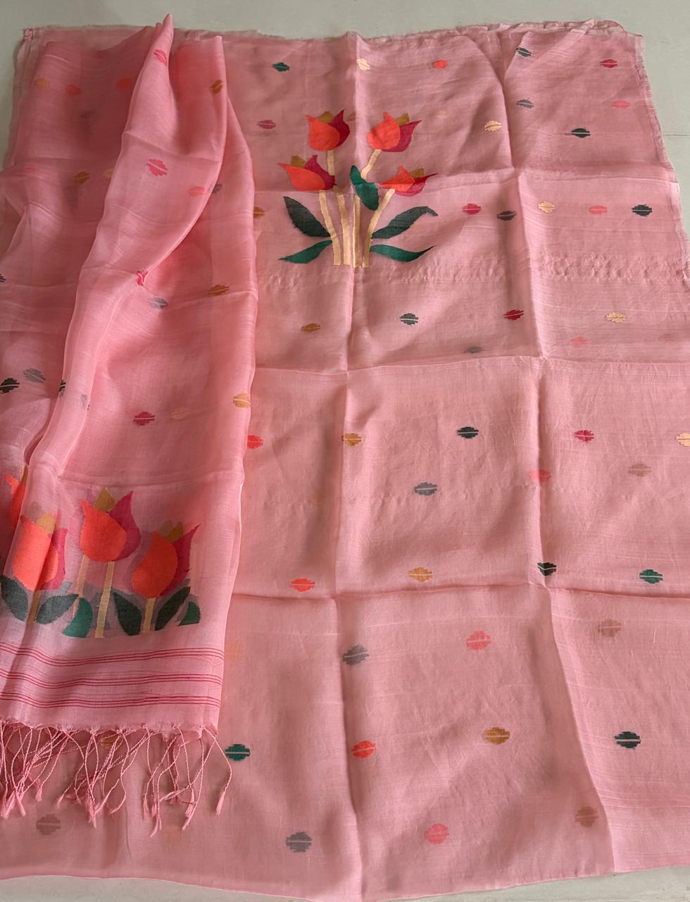 Handwoven Pure Muslin Silk Jamdani Kurta Dupatta Set Bengal Handloom Silkmark Certified Rose Peach