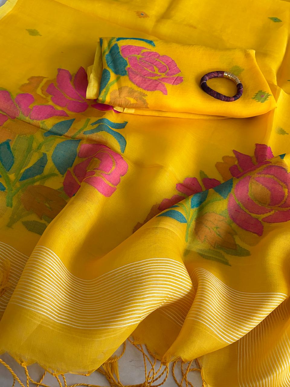 Handwoven Pure Muslin Silk Jamdani Kurta Dupatta Set  Bengal Handloom  Silkmark Certified  Yellow