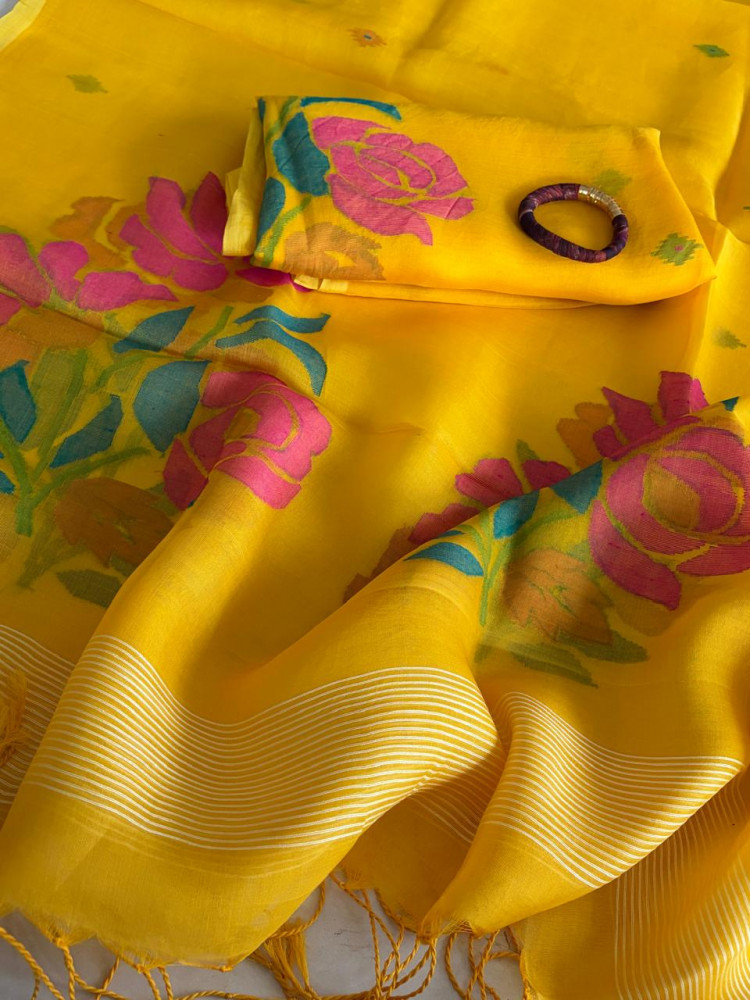 Image of Handwoven Pure Muslin Silk Jamdani Kurta Dupatta Set – Bengal Handloom – Silkmark Certified – Yellow