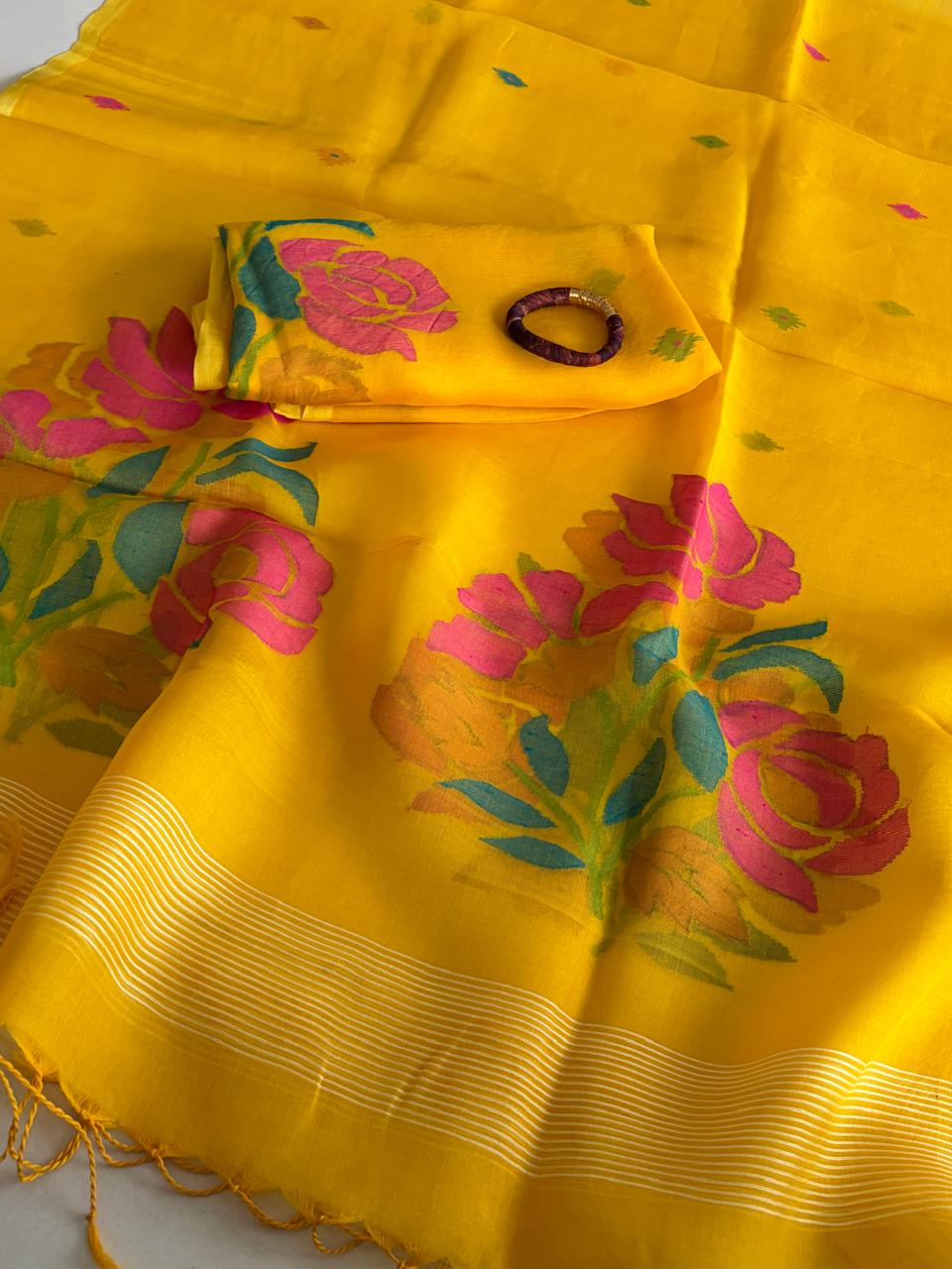 Handwoven Pure Muslin Silk Jamdani Kurta Dupatta Set  Bengal Handloom  Silkmark Certified  Yellow